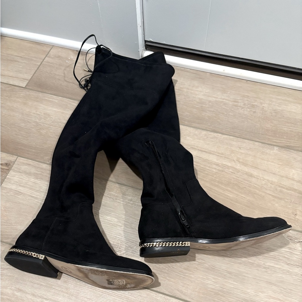 Michael Kors knee high boots black suede low heels